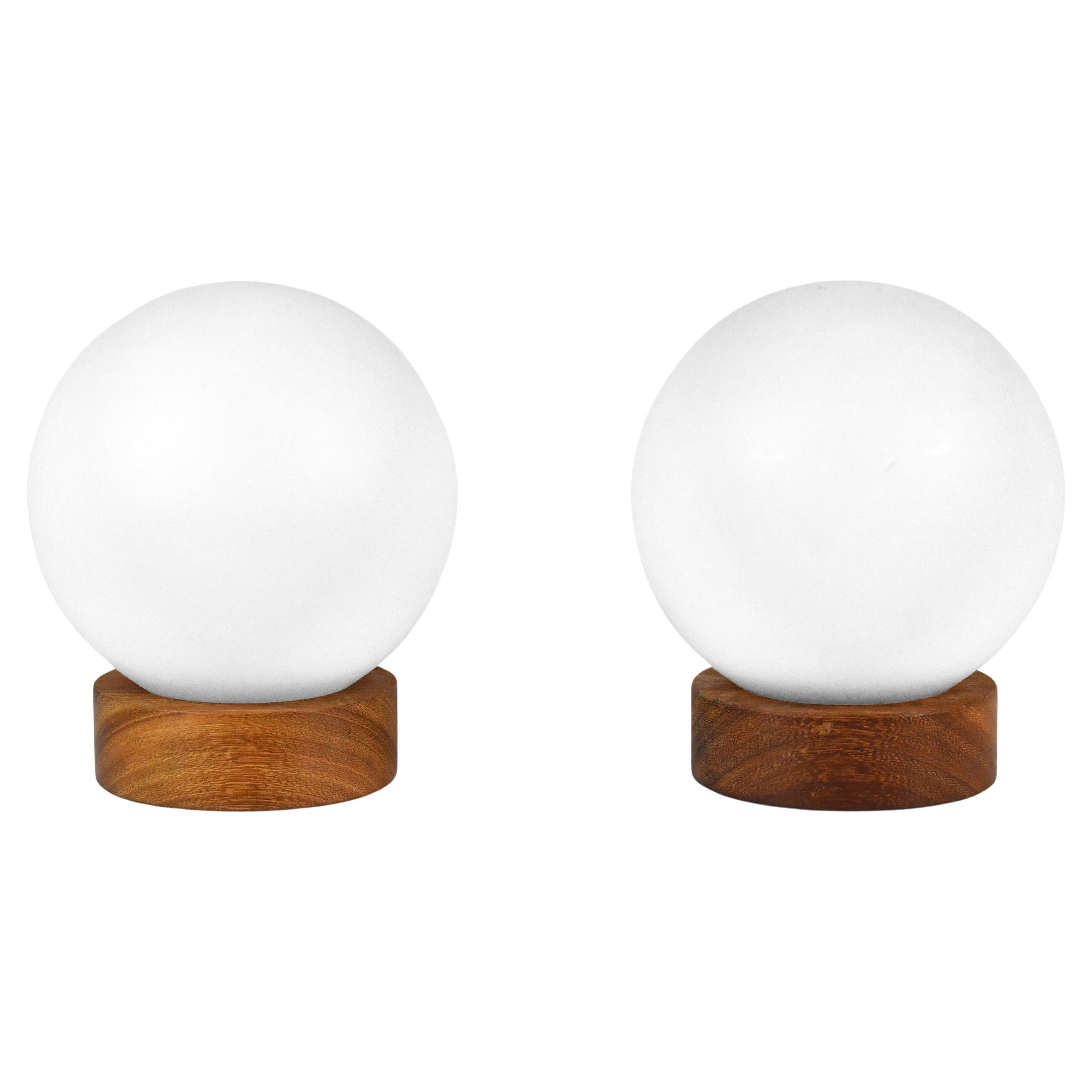 Pair of MidCentury Brushed Aluminum Table Lamps with Frosted Glass