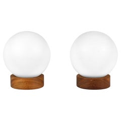 Pair of Table Lamps with Frosted Glass Shades & Teak Bases
