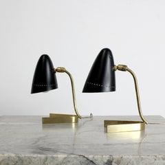 Pair of table lamps with gilded brass frames and black lacquered metal shades