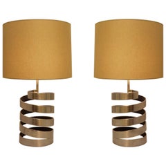 Pair of Table Lamps with Helical Base in Brushed Steel by Jacques Charpentier