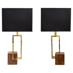 Pair of Table Lamps with Marble Cube Base and Brass structure, Italy, 1970.