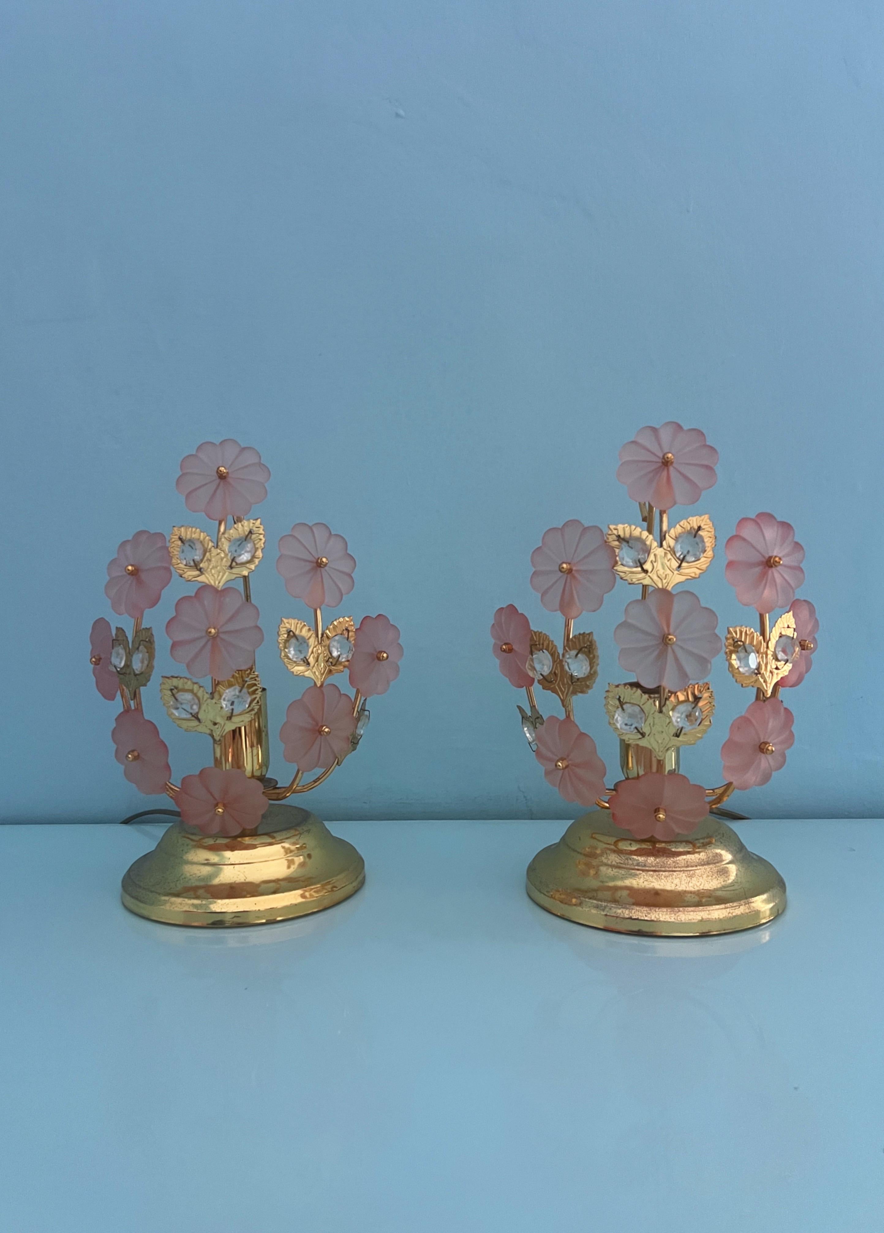 Pair of table lamps with Murano glass flowers by Banci Florence Italy 1970 For Sale 3