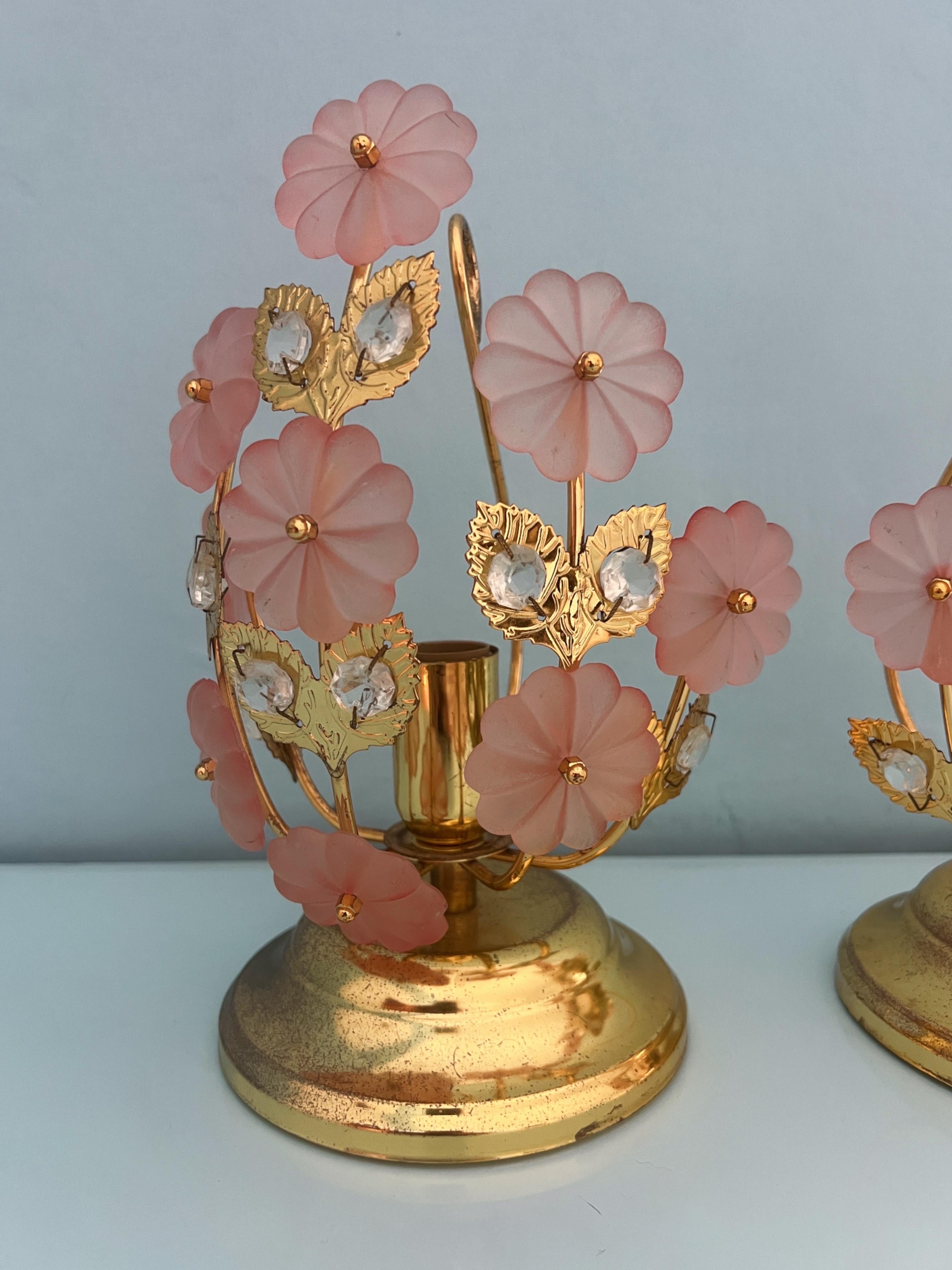 Pair of table lamps with Murano glass flowers by Banci Florence Italy 1970 For Sale 4