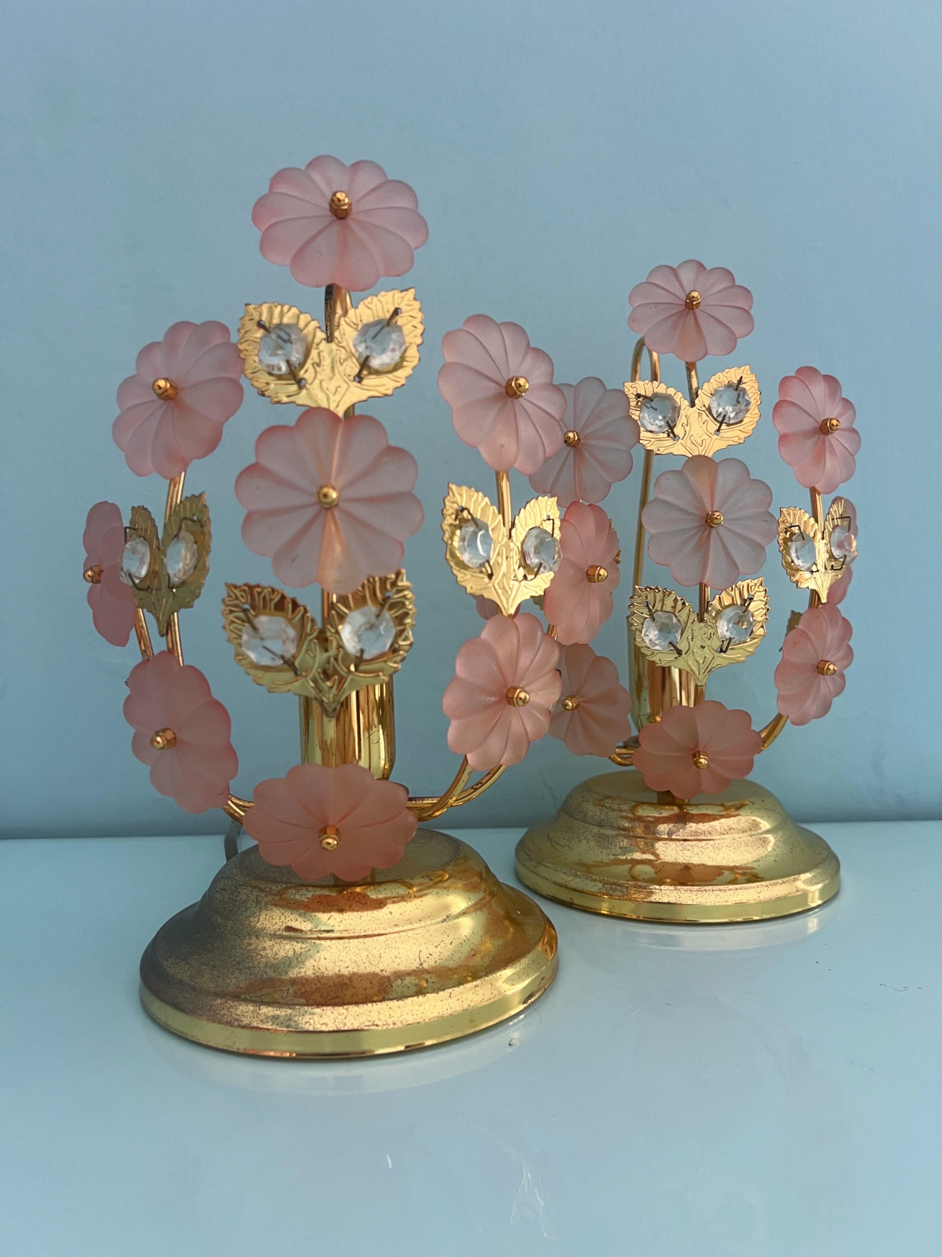 Pair of table lamps with Murano glass flowers by Banci Florence Italy 1970 For Sale 5