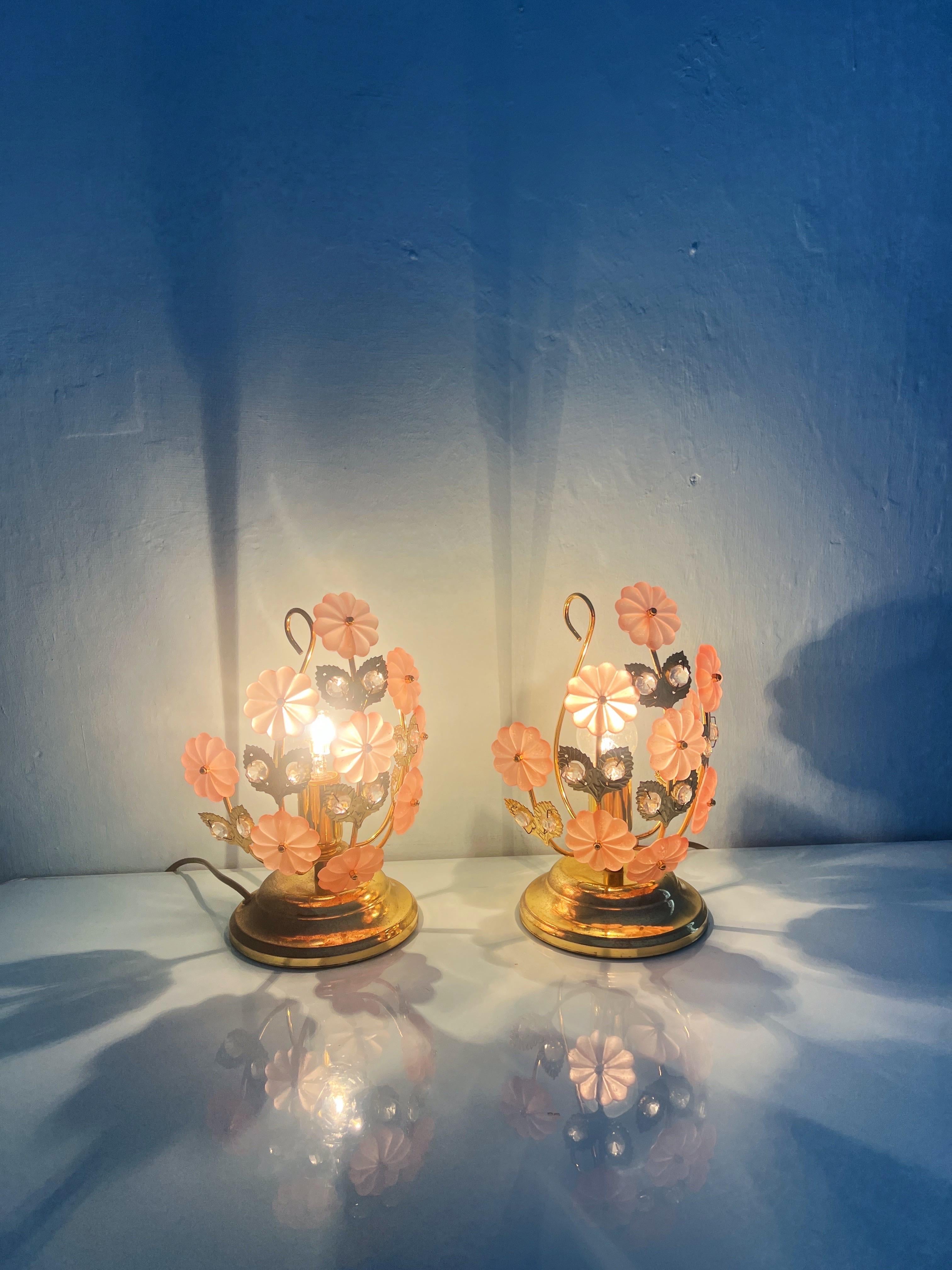 Pair of table lamps with Murano glass flowers by Banci Florence Italy 1970 For Sale 9