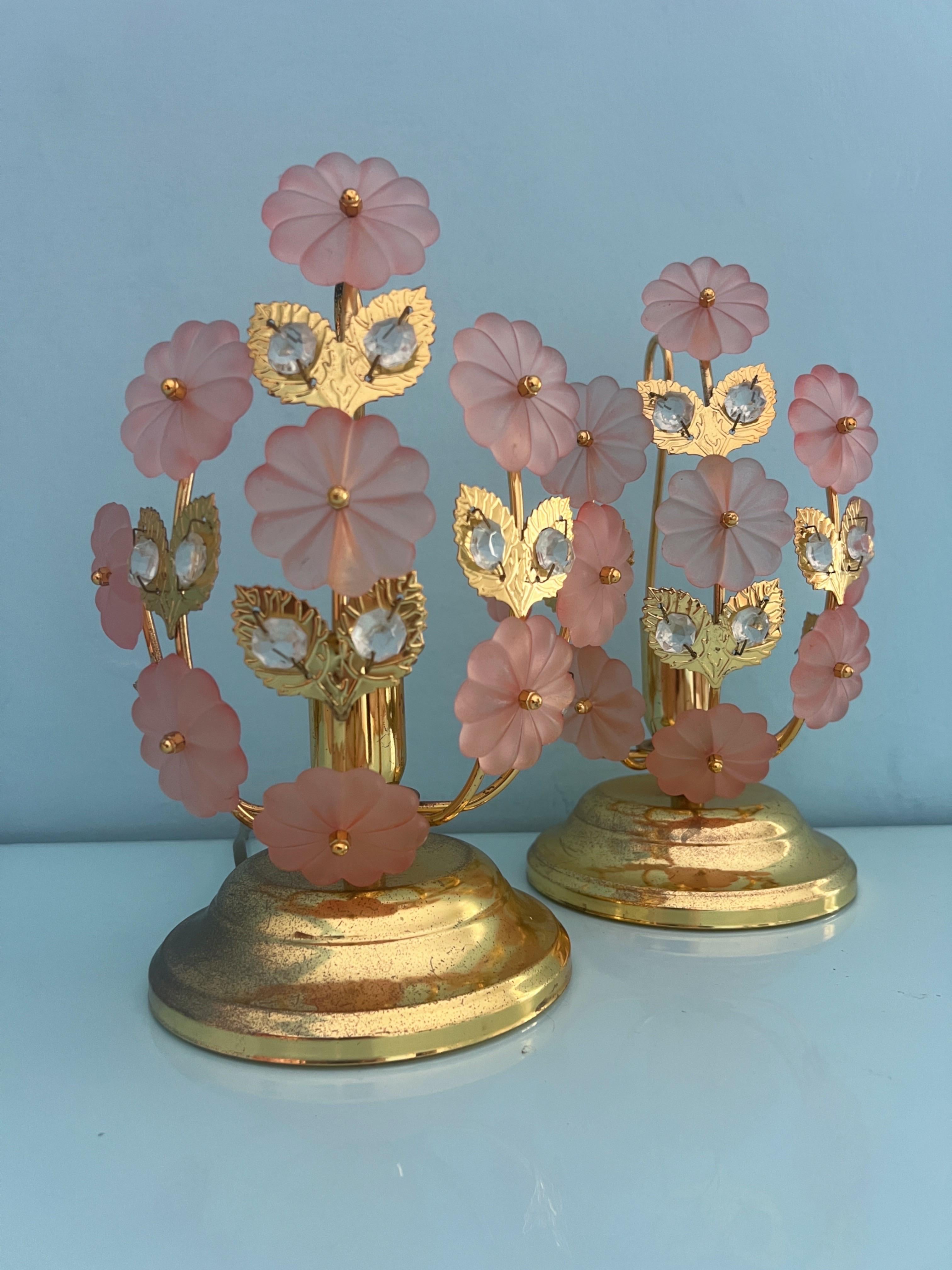Mid-Century Modern Pair of table lamps with Murano glass flowers by Banci Florence Italy 1970 For Sale