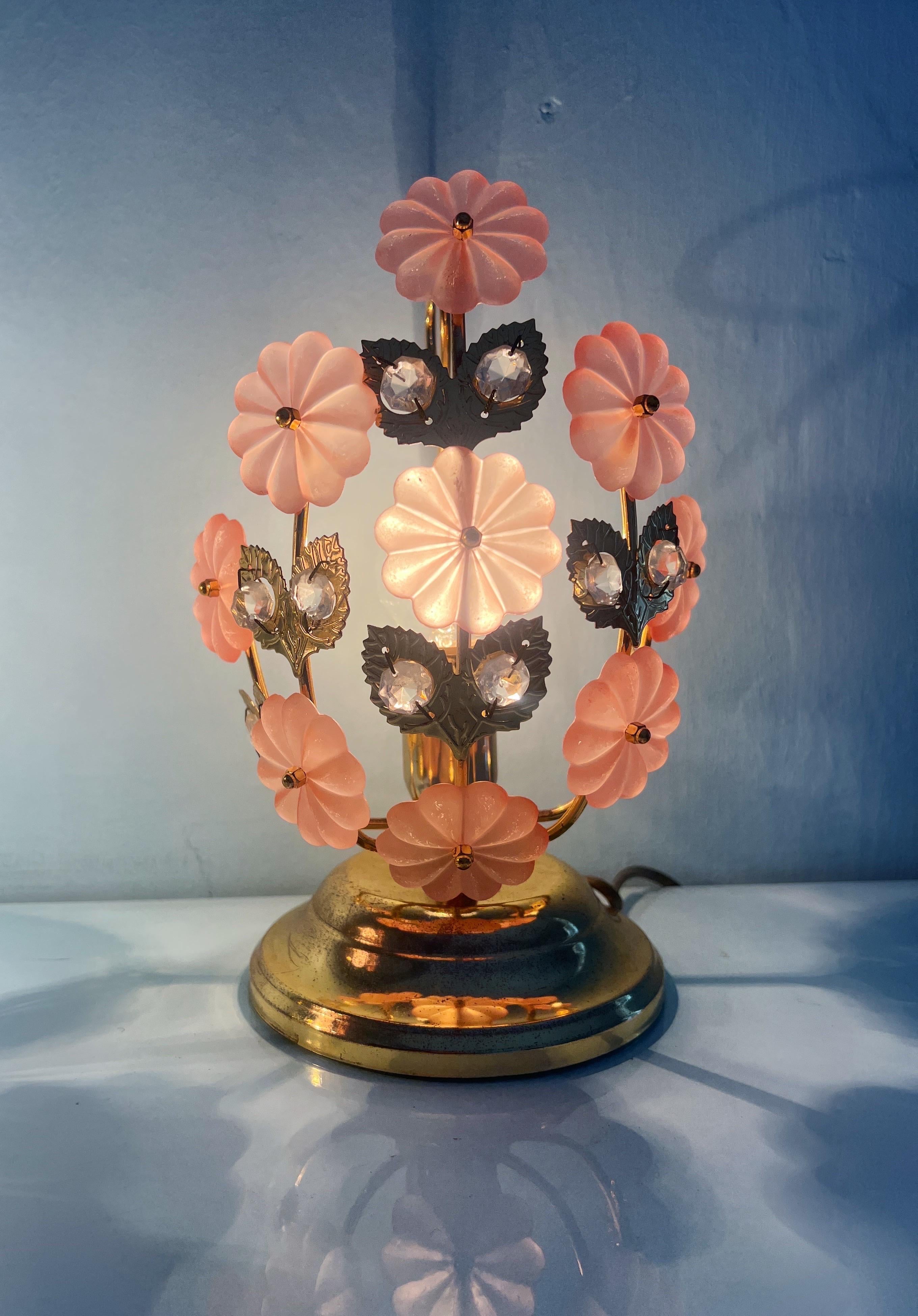 Metal Pair of table lamps with Murano glass flowers by Banci Florence Italy 1970 For Sale