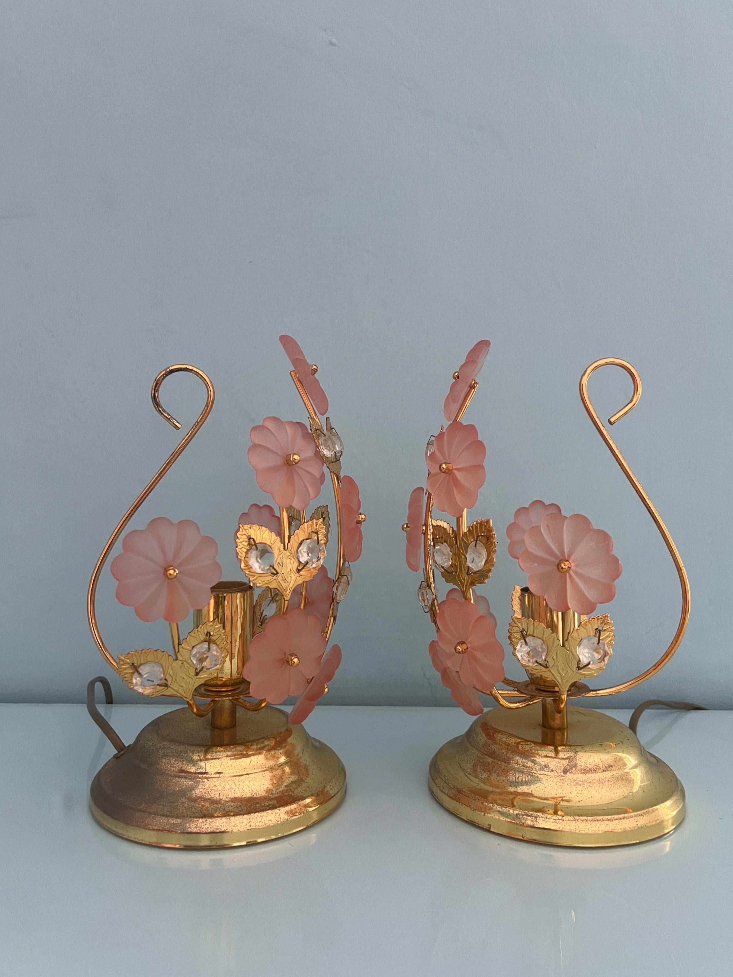 Pair of table lamps with Murano glass flowers by Banci Florence Italy 1970 For Sale 1