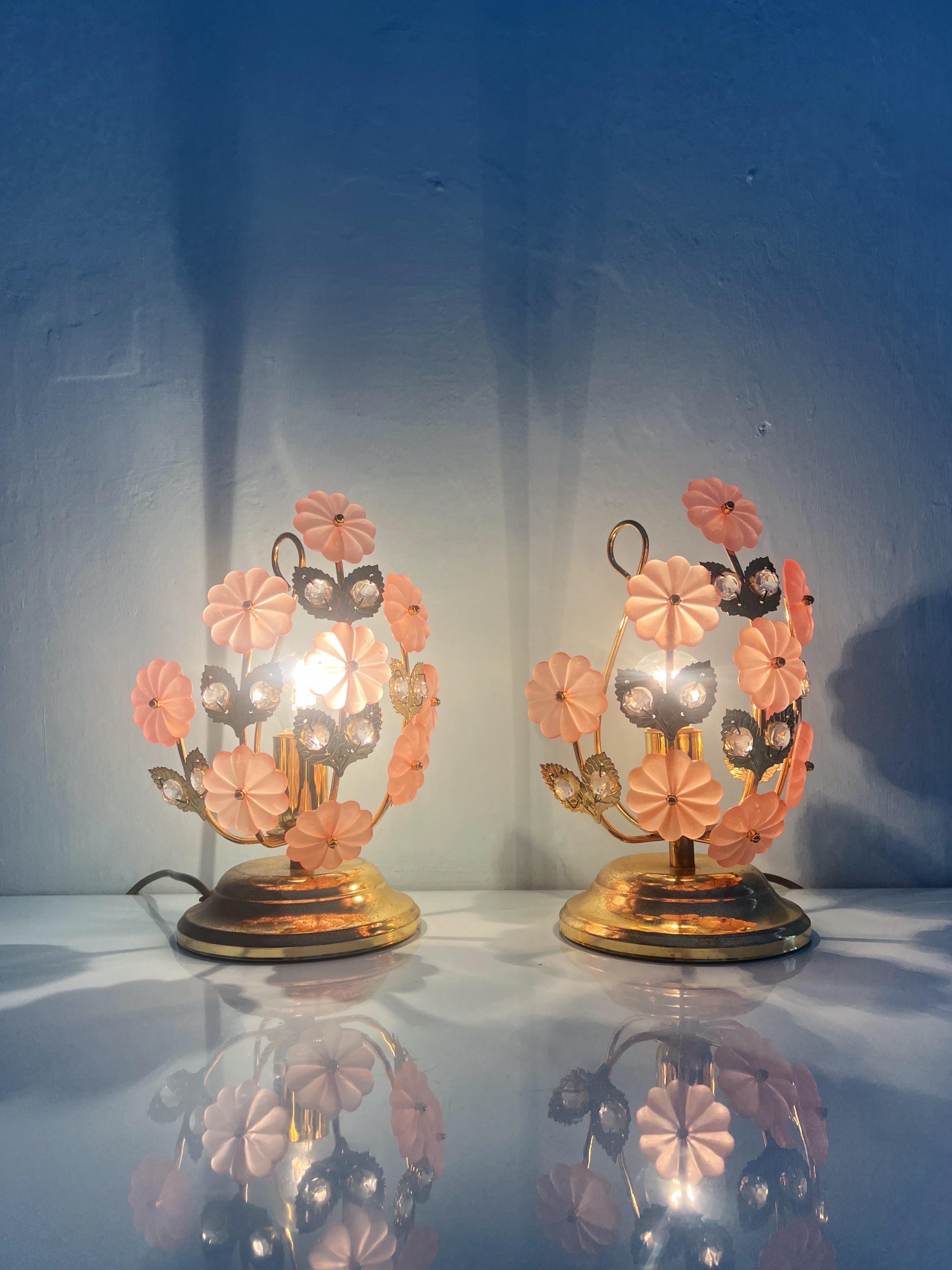 Pair of table lamps with Murano glass flowers by Banci Florence Italy 1970 For Sale 2