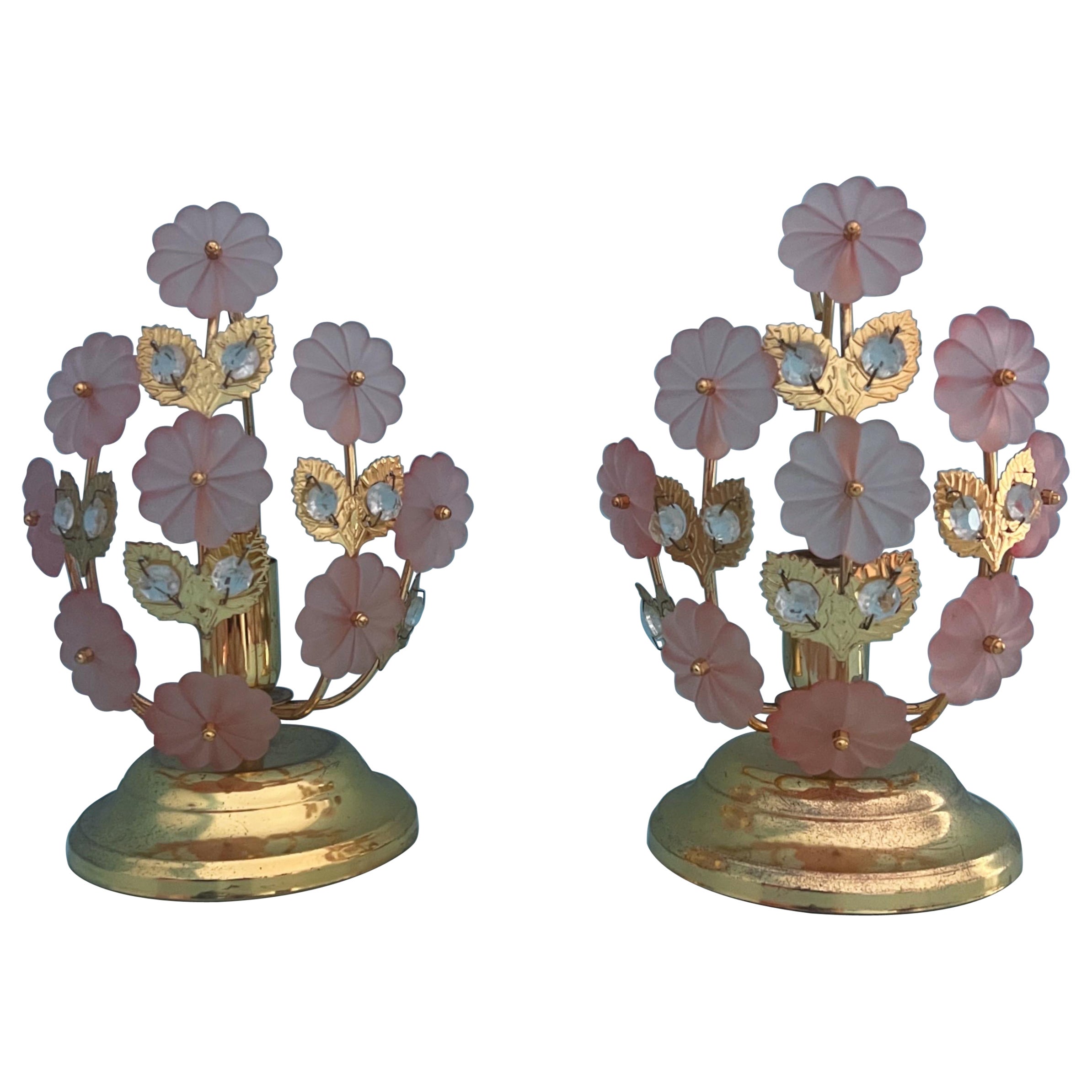 Pair of table lamps with Murano glass flowers by Banci Florence Italy 1970 For Sale