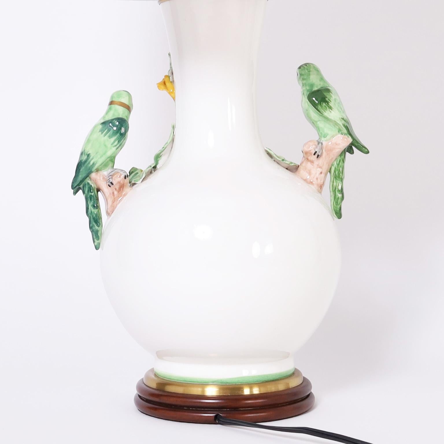 British Colonial Pair of Table Lamps with Parrots