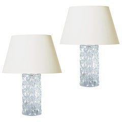 Pair of Table Lamps with Sculptural Faceted Crystal Bases by Orrefors