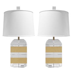 Pair of Table Lamps with Solid Lucite Blocks and Brass Banding, 1970s