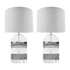 Pair of Table Lamps with Solid Lucite Blocks and Chrome Banding, 1970s
