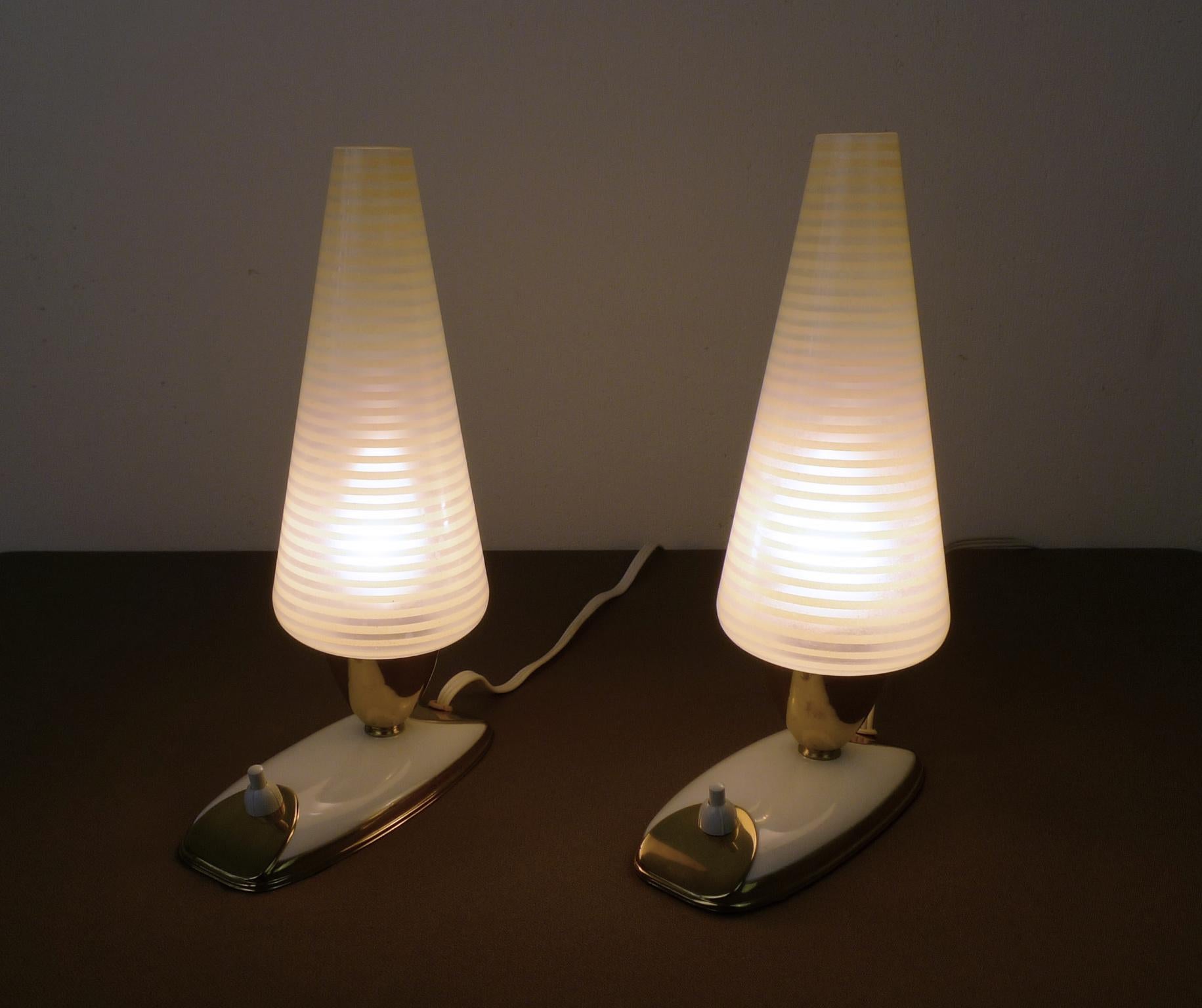 Pair of Table Lamps with Striped Glass Diffusers, Germany, 1950s For Sale 2