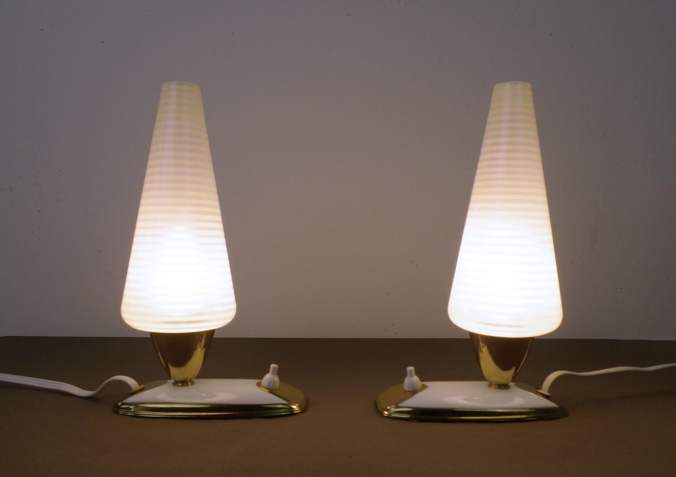 Pair of Table Lamps with Striped Glass Diffusers, Germany, 1950s For Sale 3