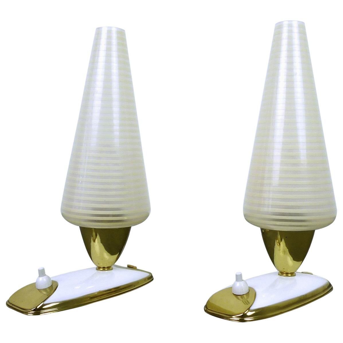 Pair of Table Lamps with Striped Glass Diffusers, Germany, 1950s For Sale