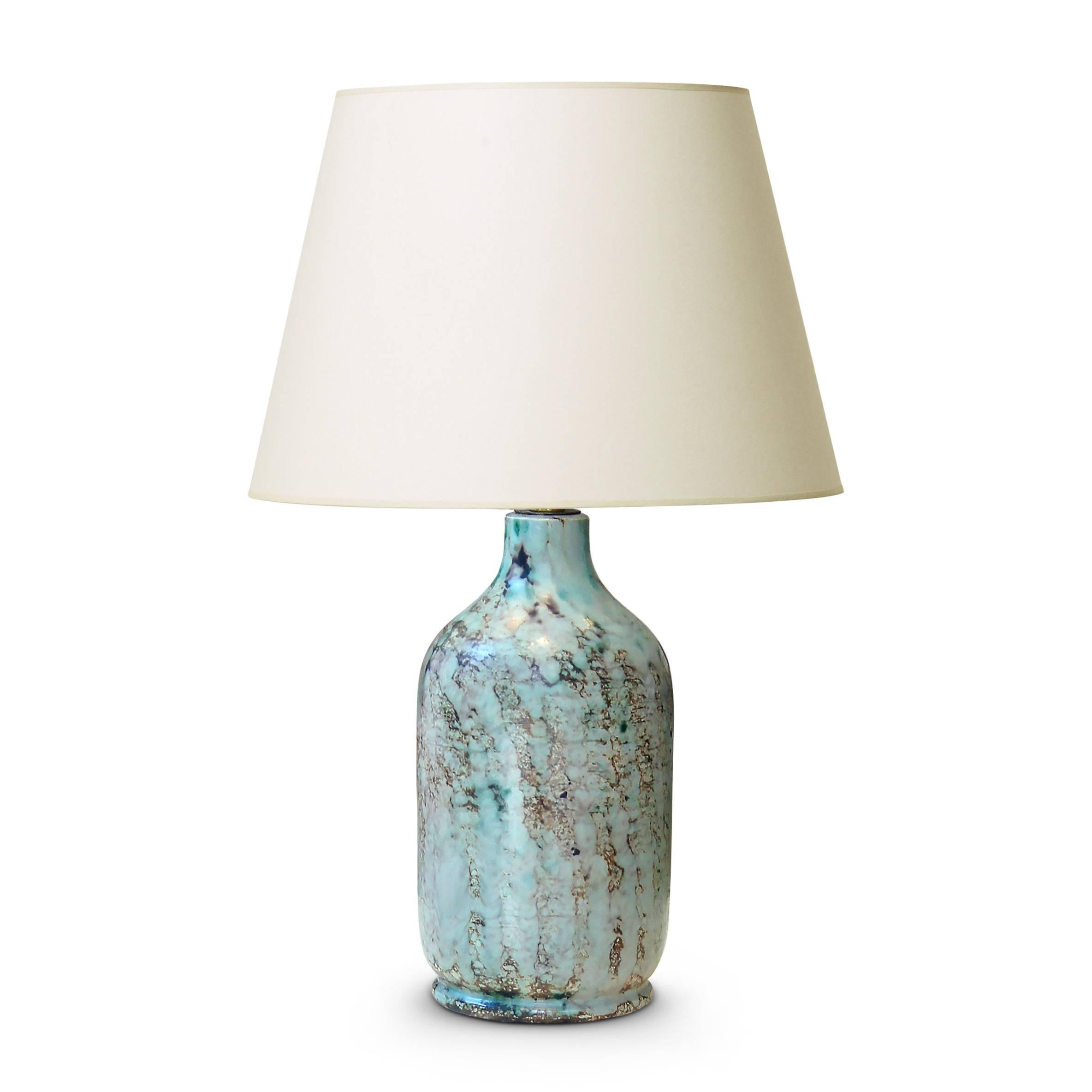Modern Pair of Table Lamps with Stylish Green Tint Enameling by Vallauris Ceramist For Sale