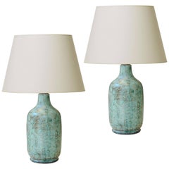 Pair of Table Lamps with Stylish Green Tint Enameling by Vallauris Ceramist