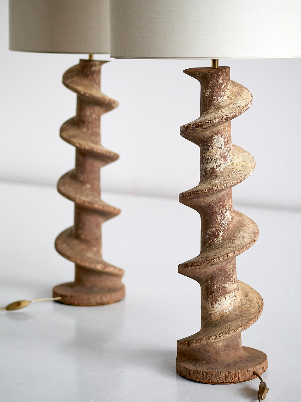 Pair of Table Lamps with Wooden Spiral Screw Base, Belgium, Late 19th Century 5