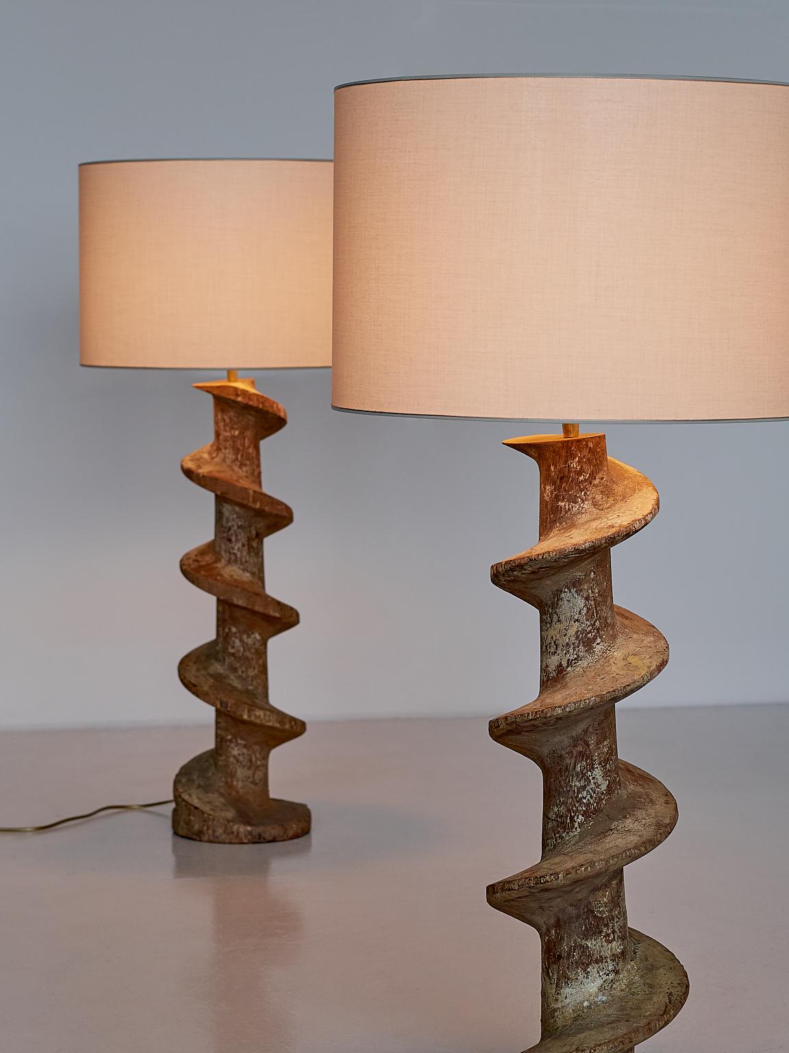 Pair of Table Lamps with Wooden Spiral Screw Base, Belgium, Late 19th Century 6