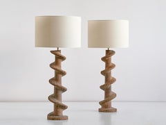 Pair of Table Lamps with Wooden Spiral Screw Base, Belgium, Late 19th Century
