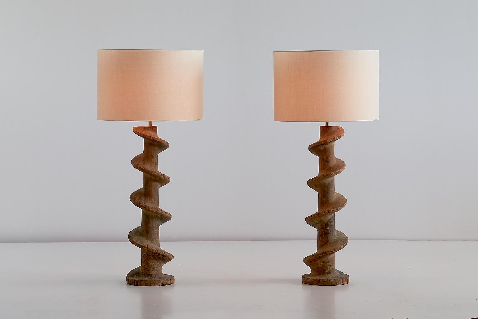 Rustic Pair of Table Lamps with Wooden Spiral Screw Base, Belgium, Late 19th Century