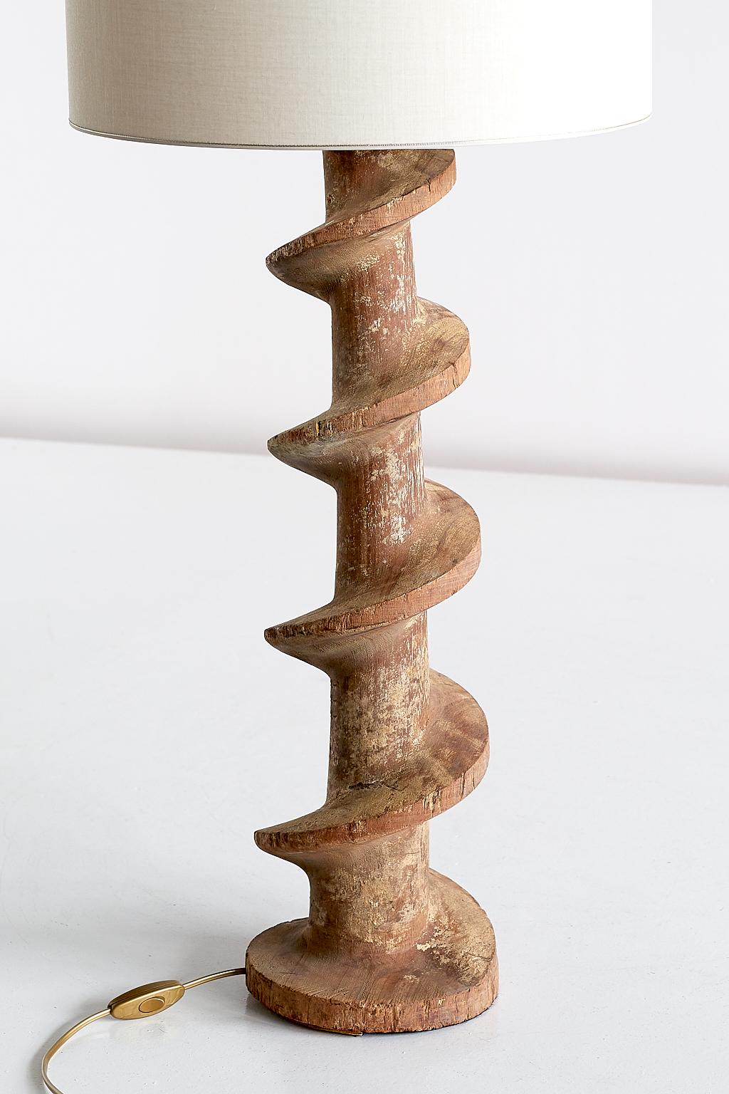 Belgian Pair of Table Lamps with Wooden Spiral Screw Base, Belgium, Late 19th Century