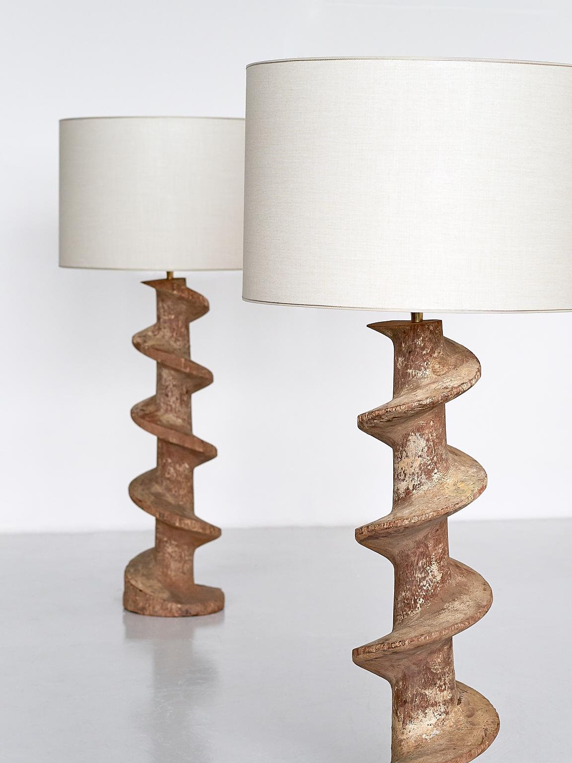 Fabric Pair of Table Lamps with Wooden Spiral Screw Base, Belgium, Late 19th Century