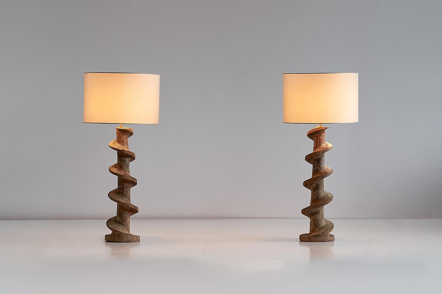 Pair of Table Lamps with Wooden Spiral Screw Base, Belgium, Late 19th Century 1