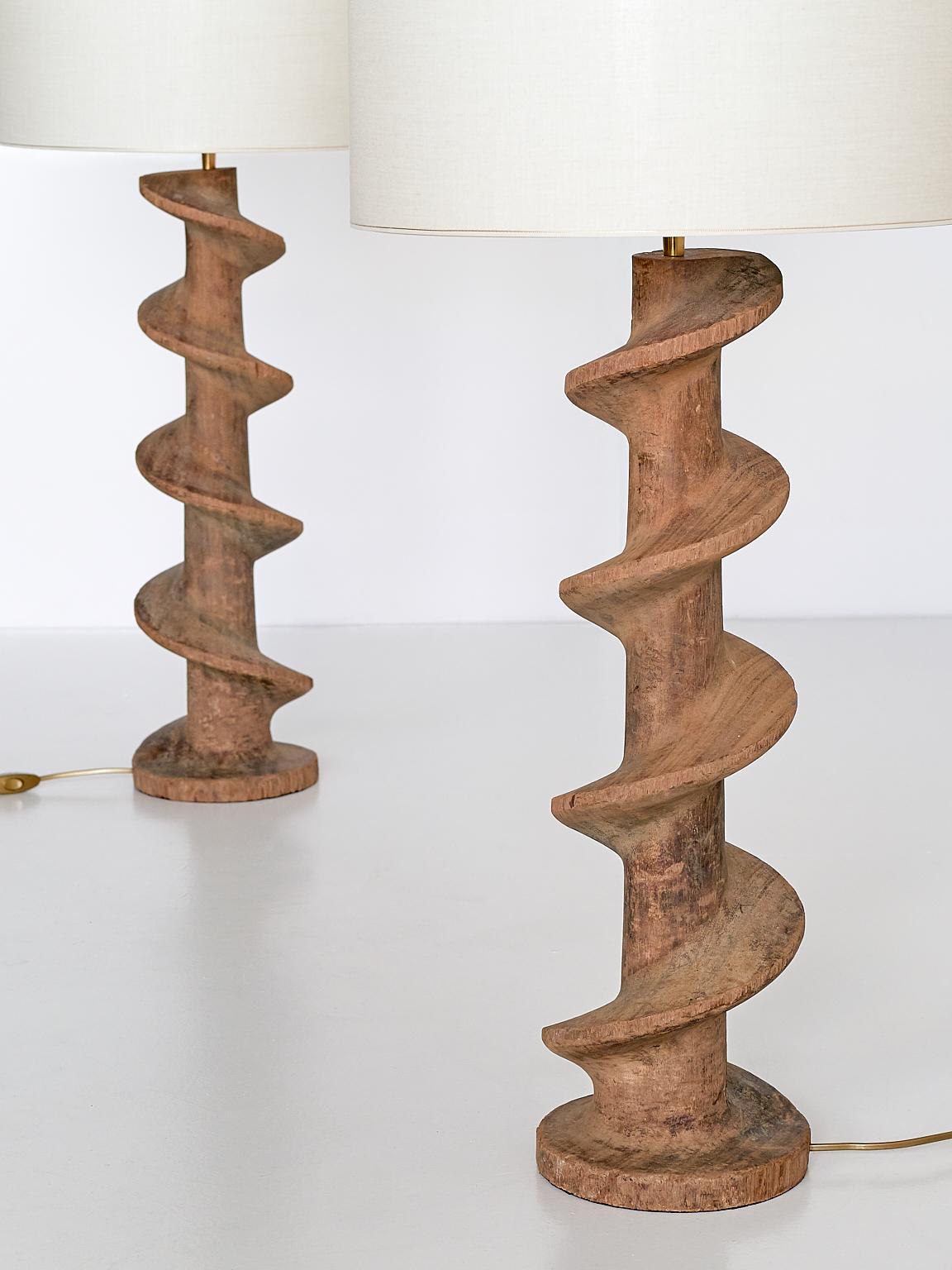 Pair of Table Lamps with Wooden Spiral Screw Base, Belgium, Late 19th Century 2