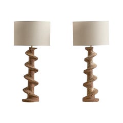Pair of Table Lamps with Wooden Spiral Screw Base, Belgium, Late 19th Century