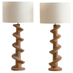Antique Pair of Table Lamps with Wooden Spiral Screw Base, Belgium, Late 19th Century