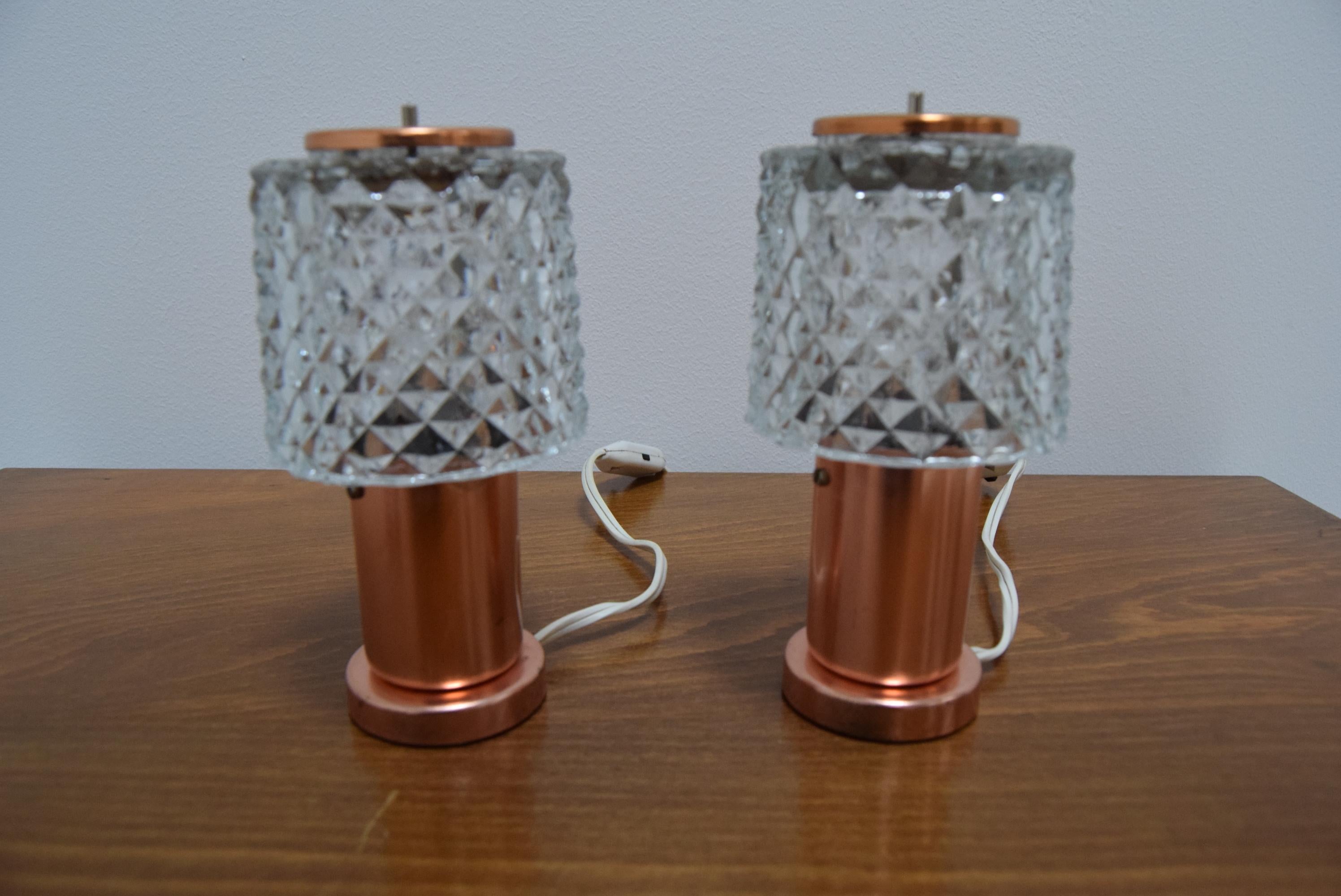 Copper Pair of Table Small Lamps by Kamenicky Senov, Preciosa, 1970s