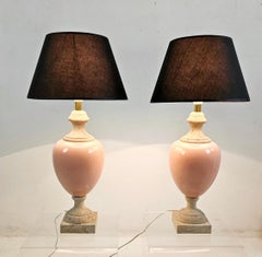Pair of Table Travertine and Ceramic Pink Table Lamps, Italy, 1980's