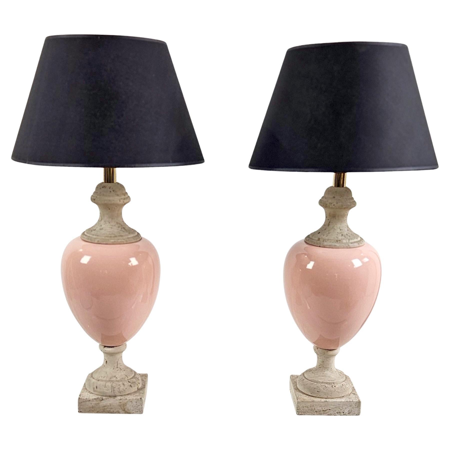 Pair of Table Travertine and Ceramic Pink Table Lamps, Italy, 1980
s