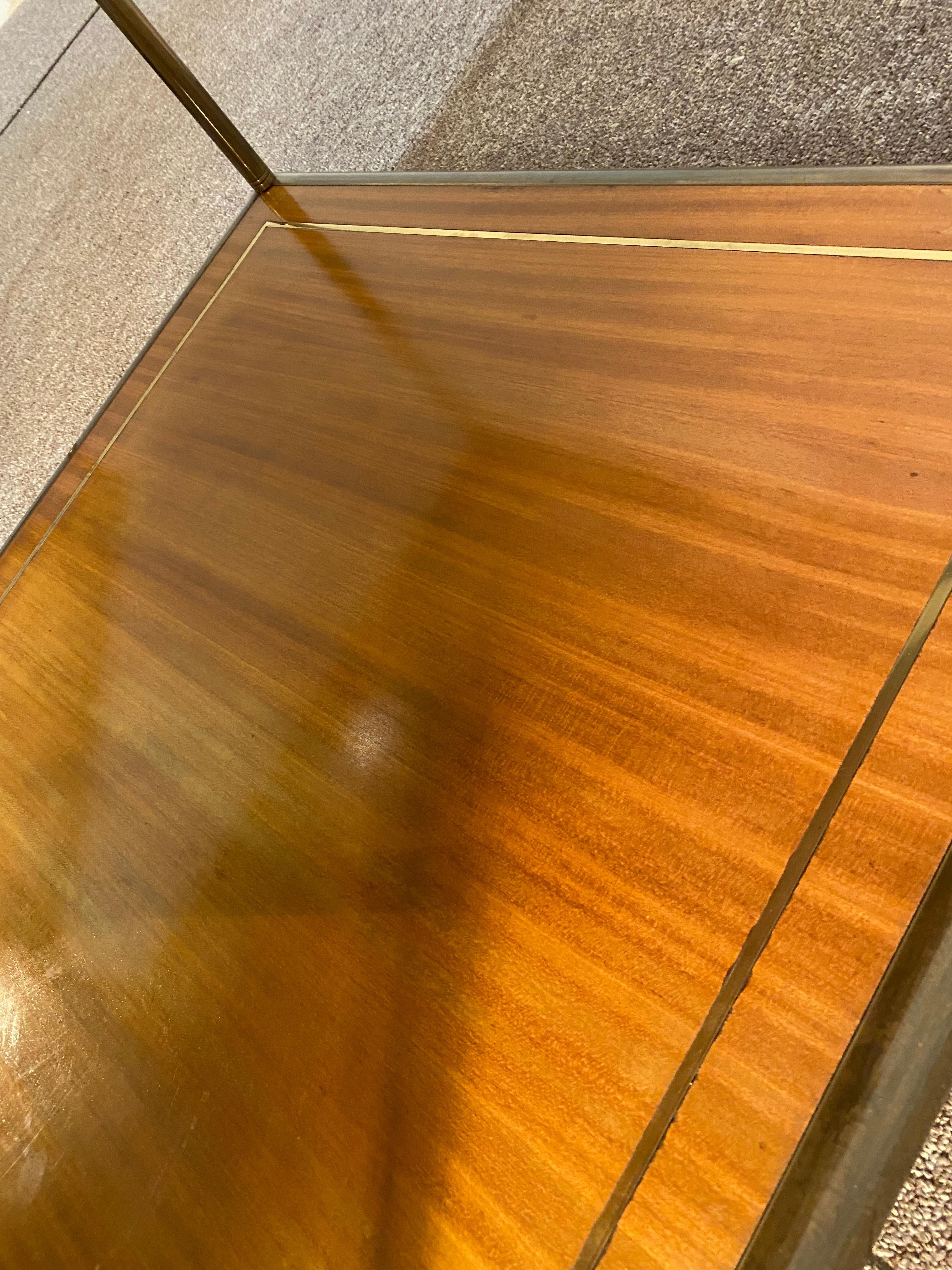 Pair of tables in brass structure, mahogany marquetry with a glass top, Italian manufacture from the 70s. Very elegant tables.