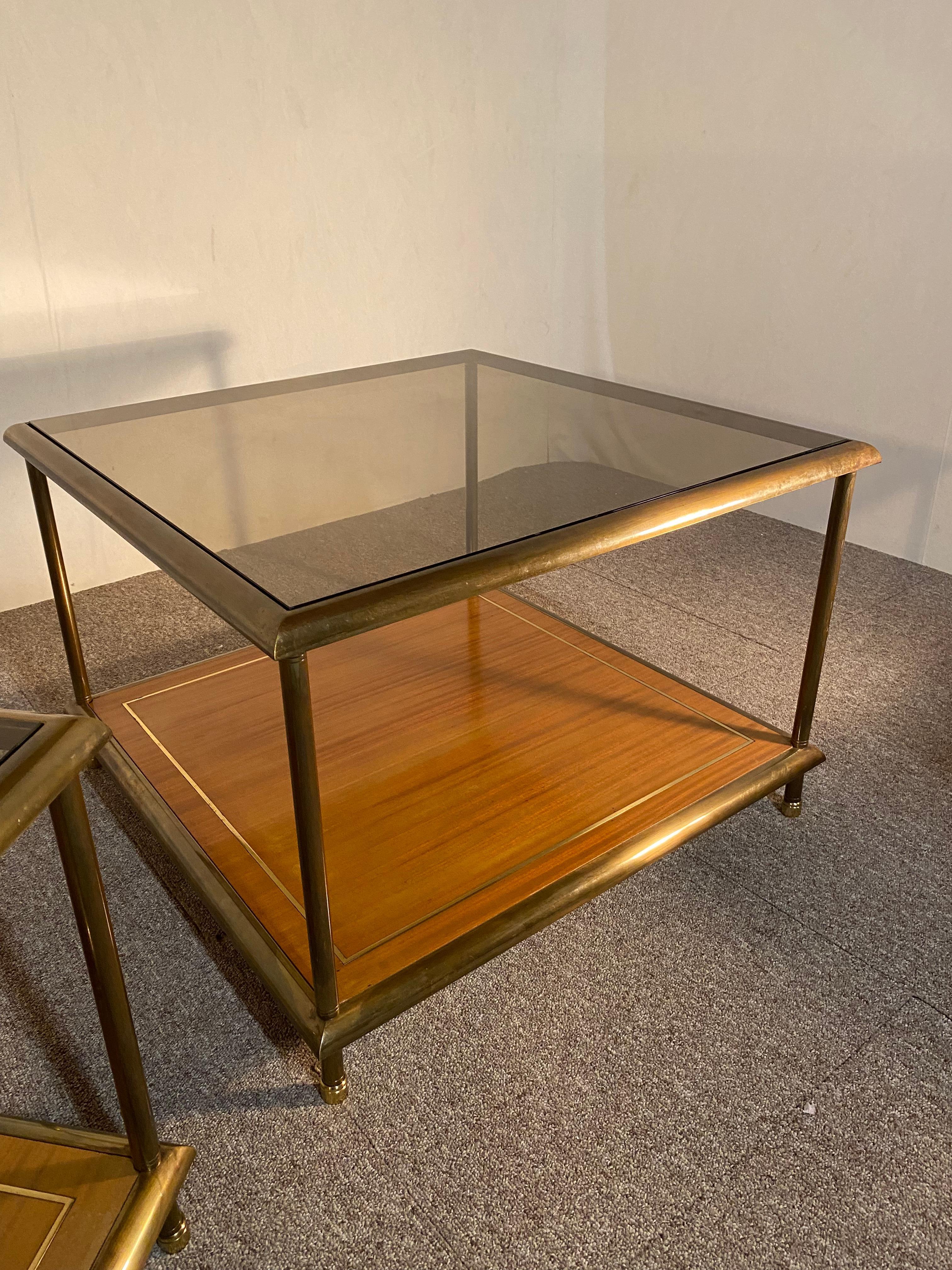 Aesthetic Movement Pair of Tables, Brass, Mahogany, Glass, Italy, 1960