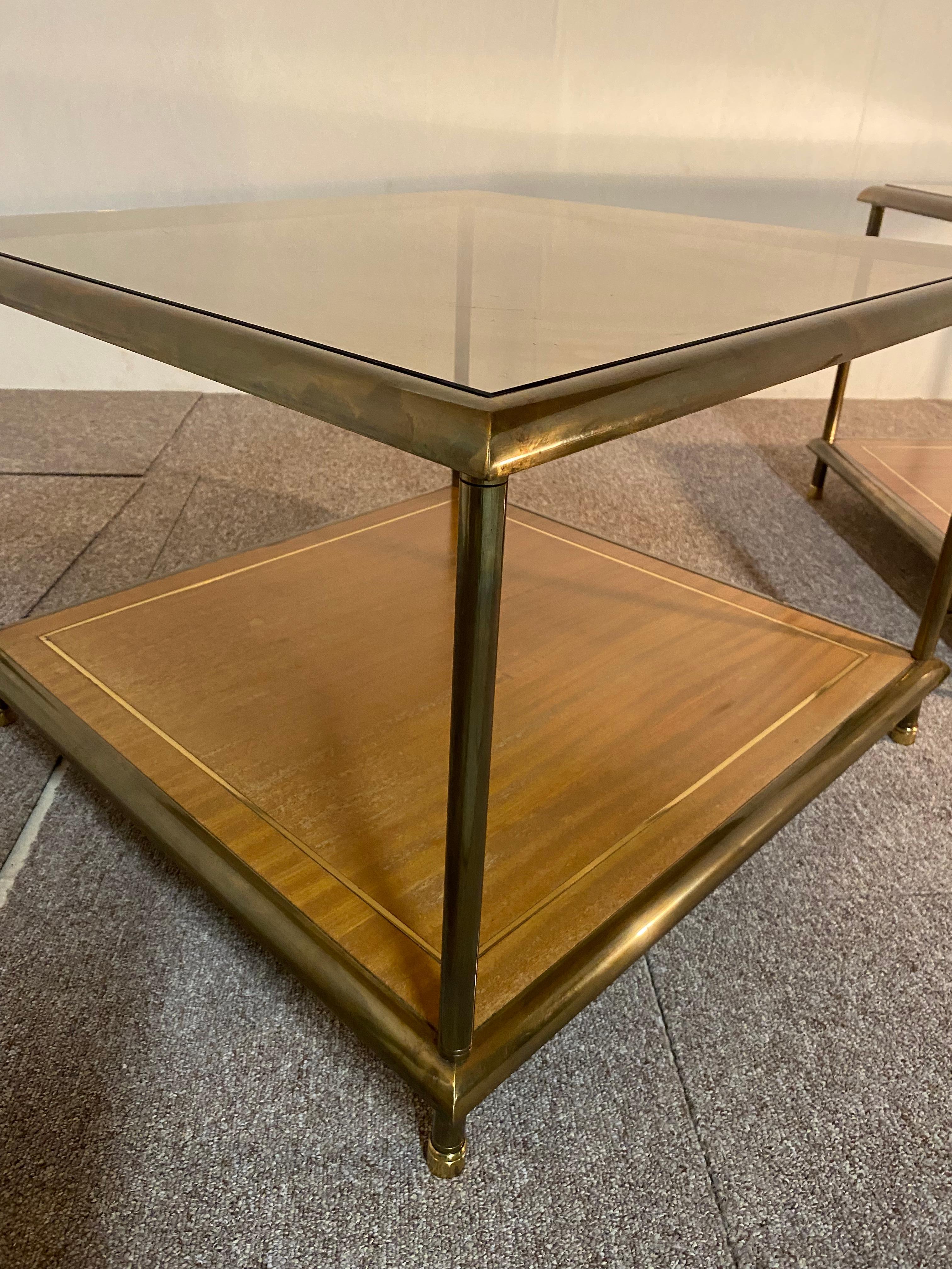 Italian Pair of Tables, Brass, Mahogany, Glass, Italy, 1960