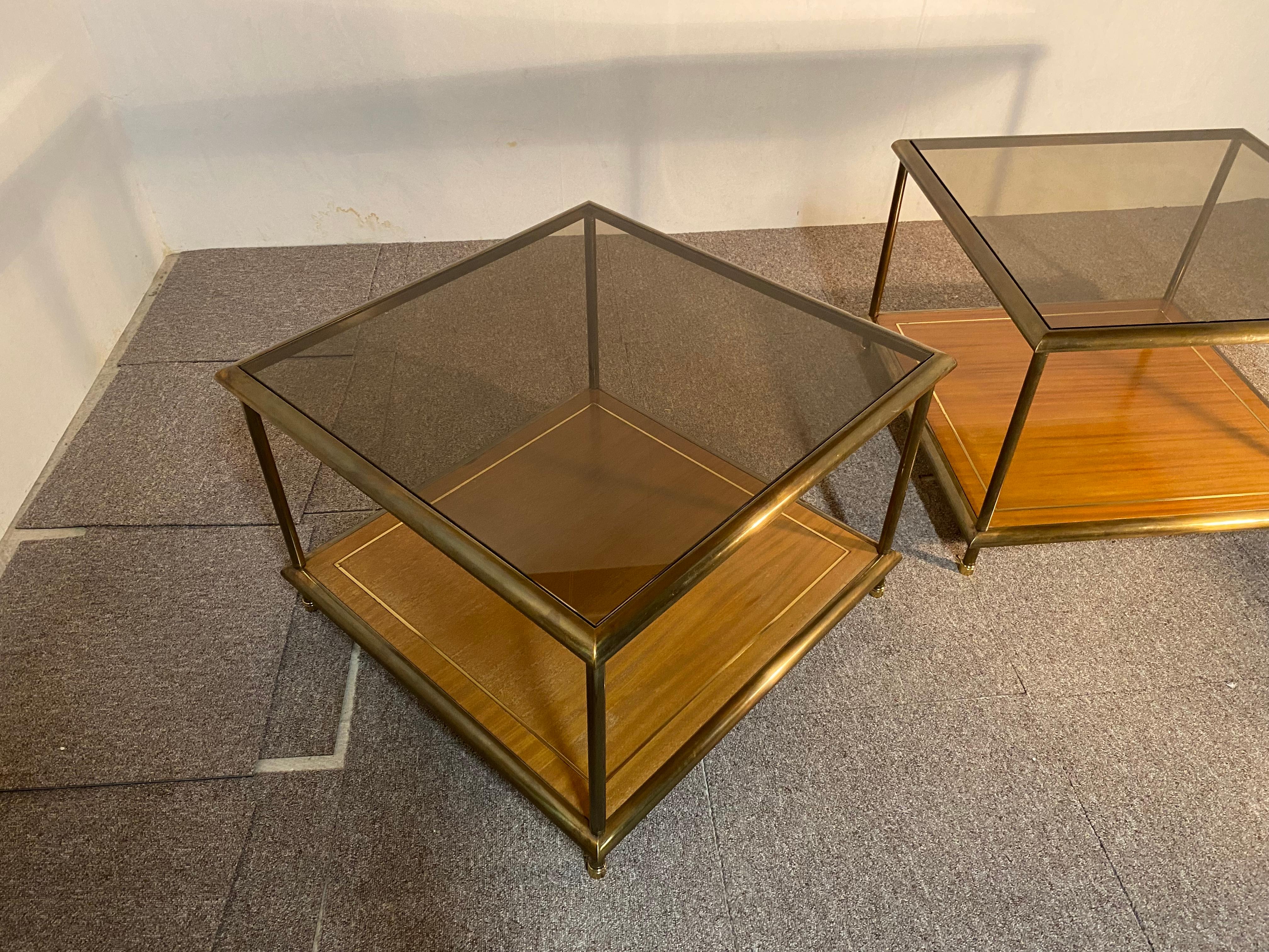 Bronzed Pair of Tables, Brass, Mahogany, Glass, Italy, 1960