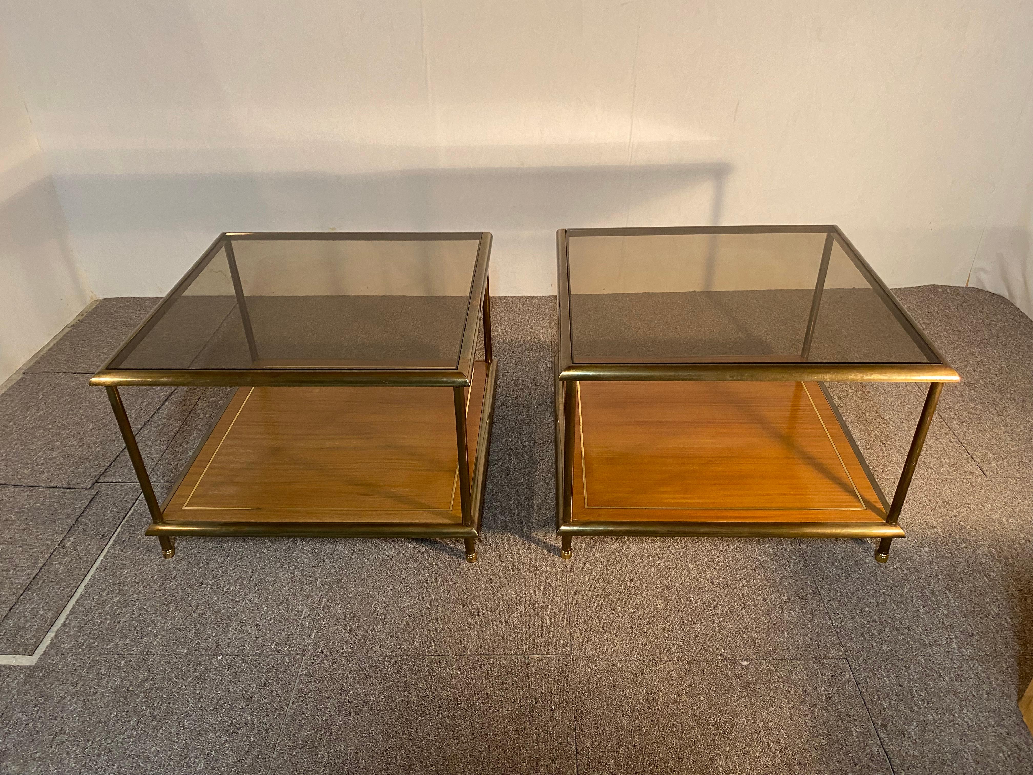 Mid-20th Century Pair of Tables, Brass, Mahogany, Glass, Italy, 1960