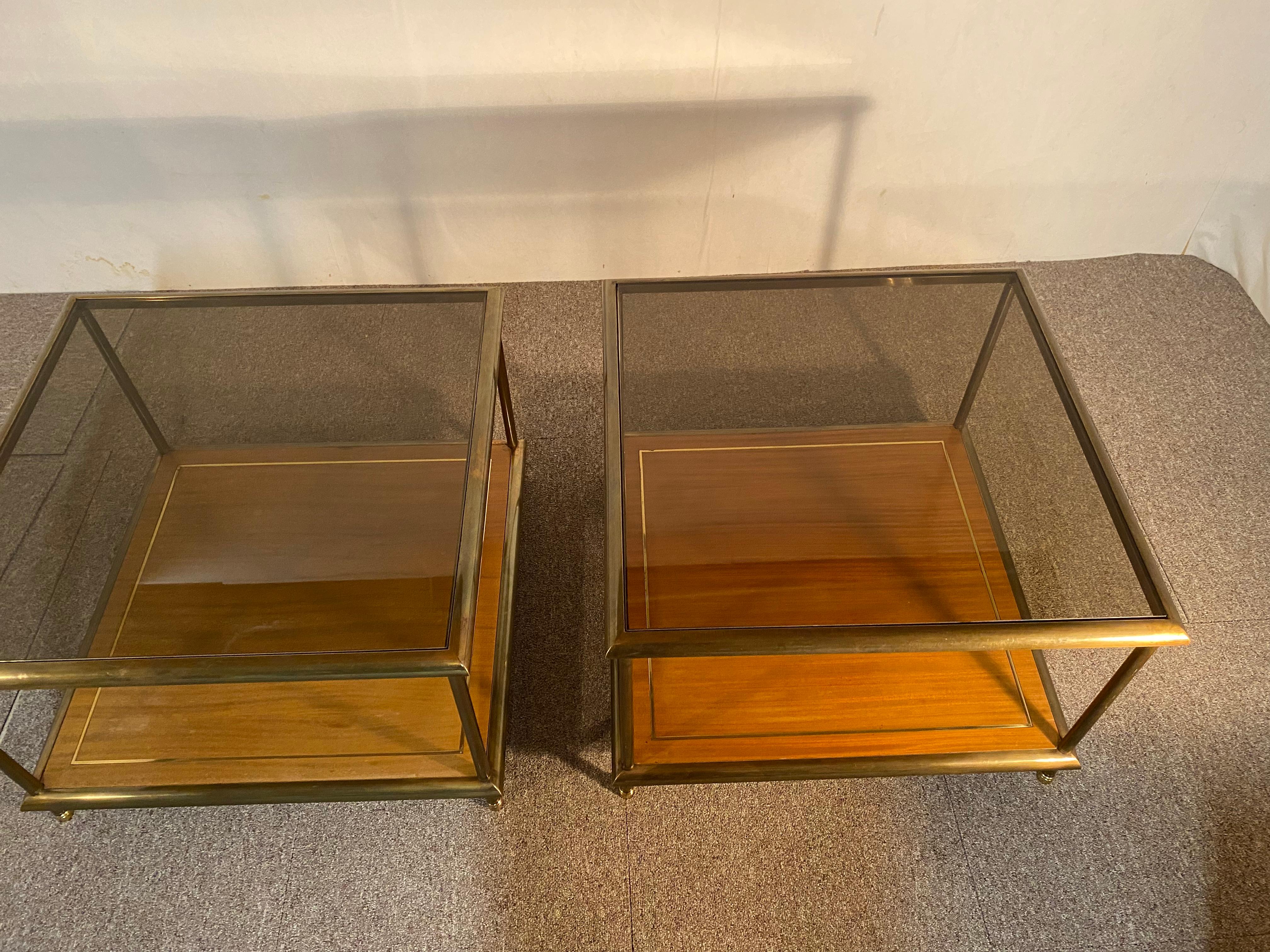 Pair of Tables, Brass, Mahogany, Glass, Italy, 1960 1