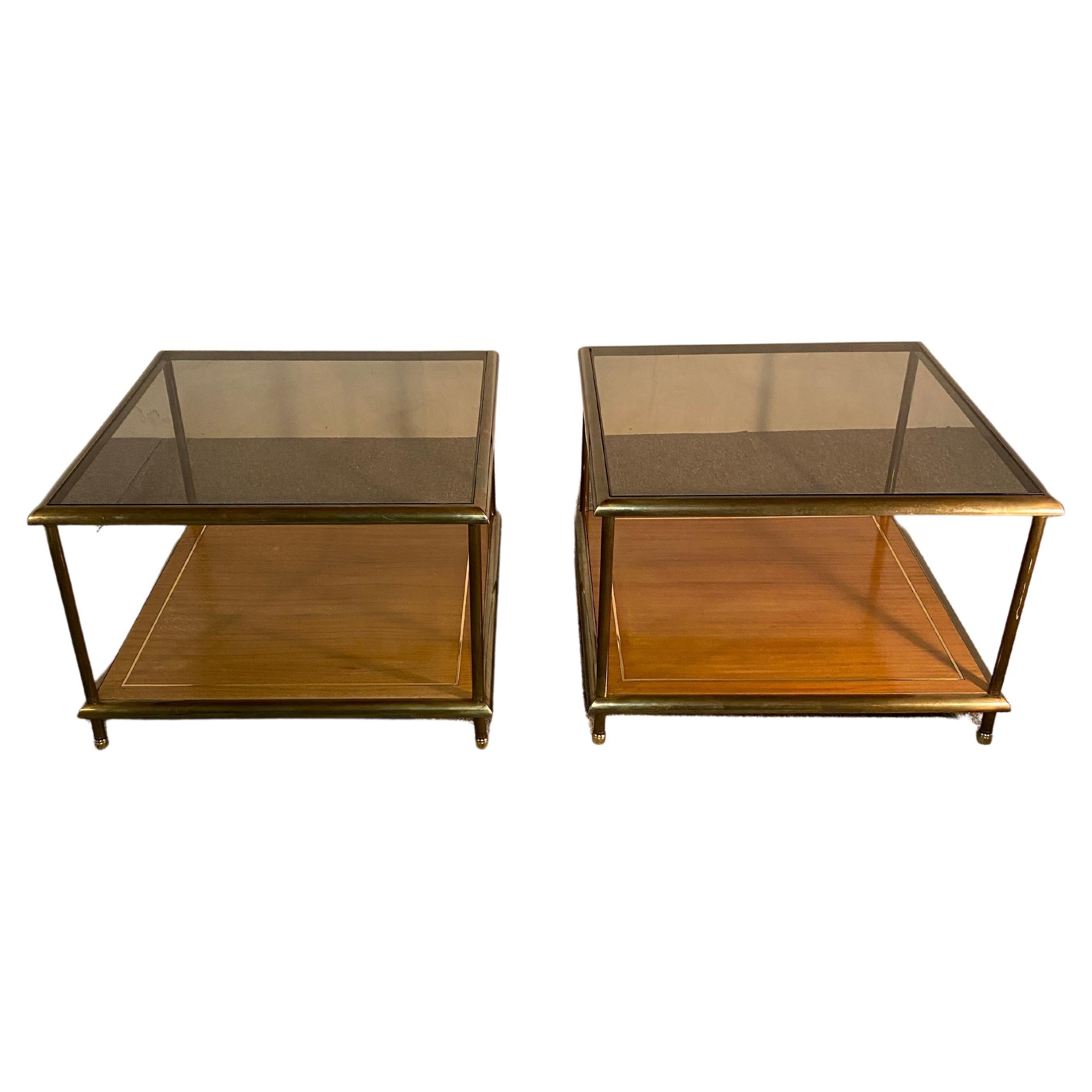 Pair of Tables, Brass, Mahogany, Glass, Italy, 1960