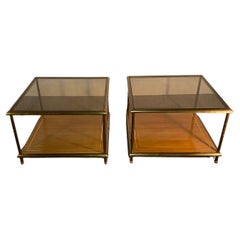 Pair of Tables, Brass, Mahogany, Glass, Italy, 1960