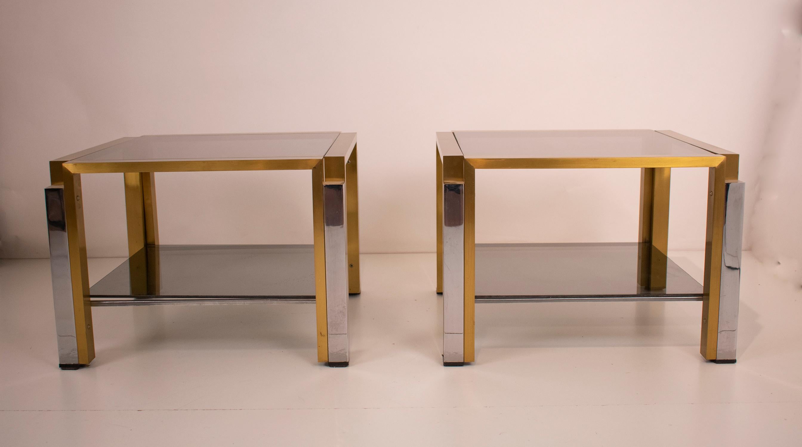 Spanish Pair of Tables in Brass, Chromed Metal and Glass, Spain, 1970s