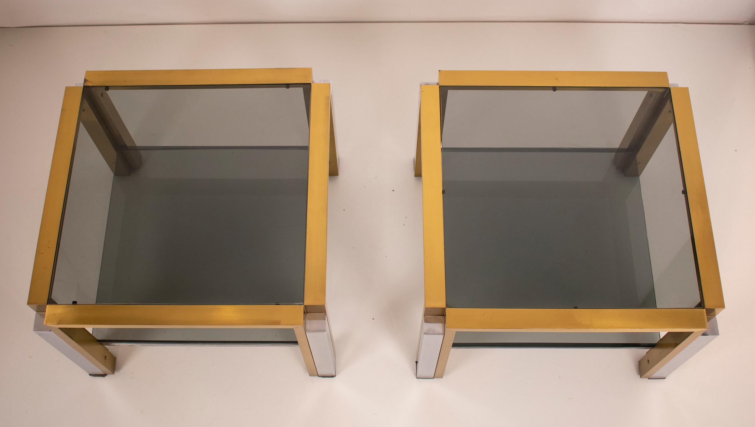 Pair of Tables in Brass, Chromed Metal and Glass, Spain, 1970s 1