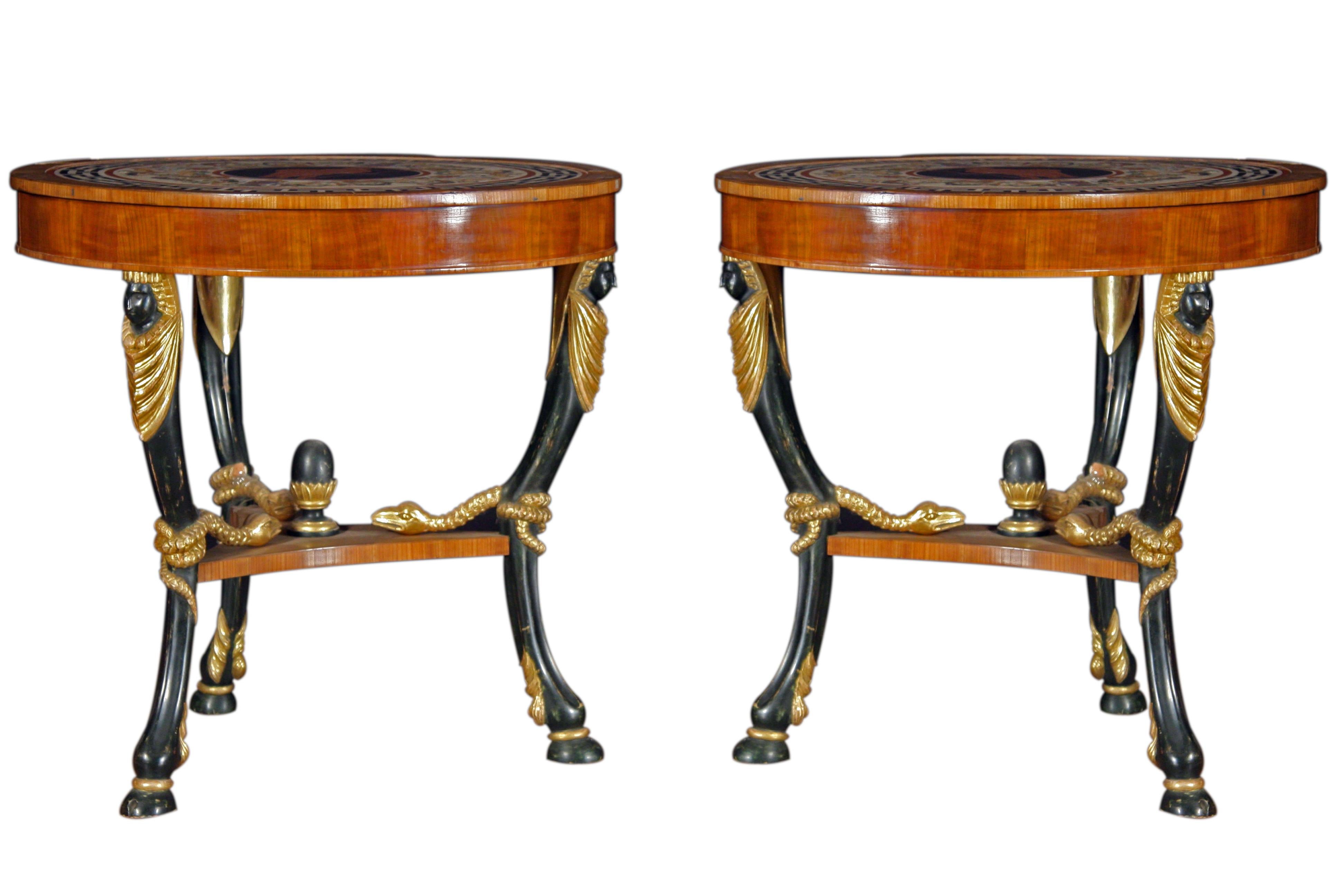 Italian Pair of Tables in Empire Style with Ebonized Inlaid and Gilded 