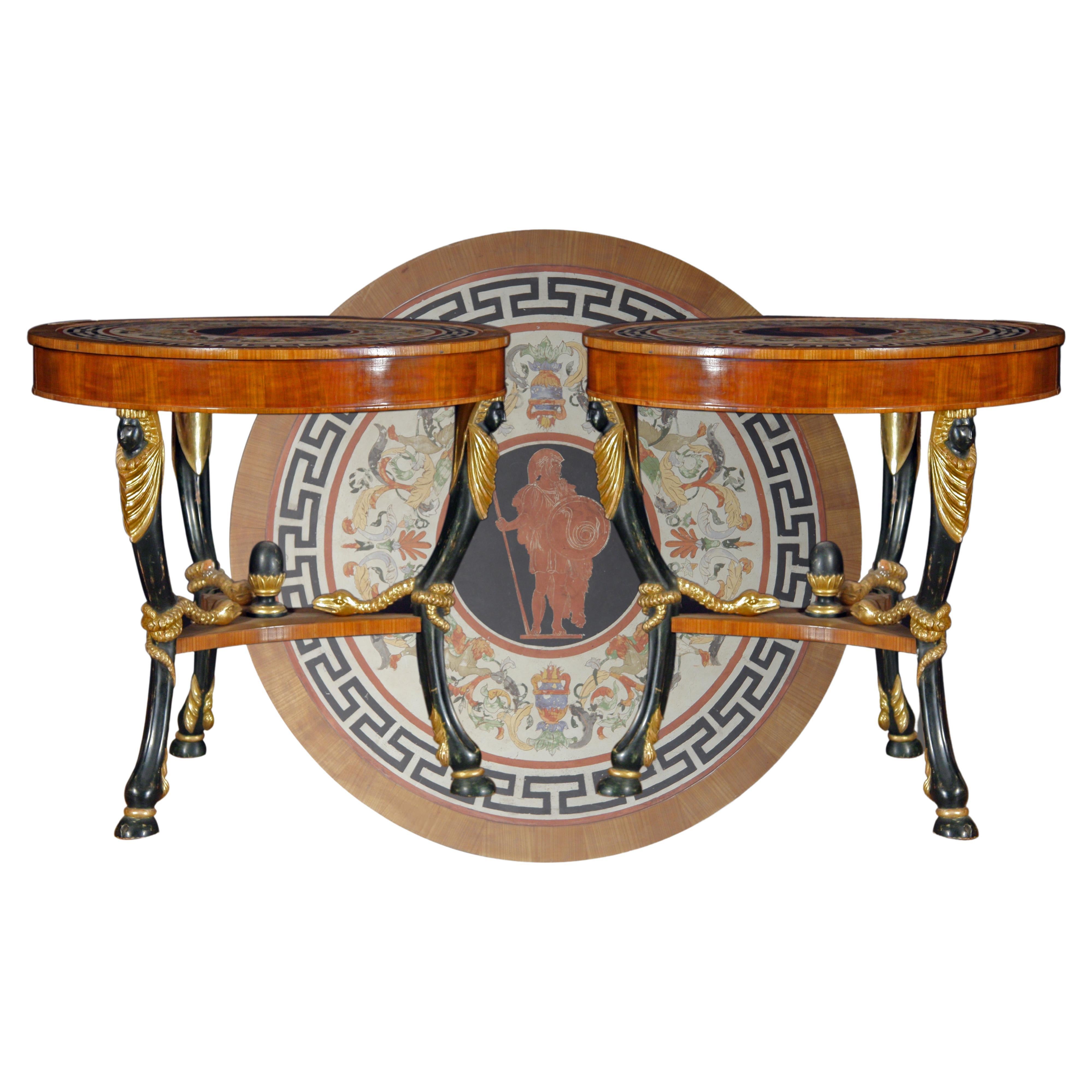 Pair of Tables in Empire Style with Ebonized Inlaid and Gilded "Ram's Foot" Legs