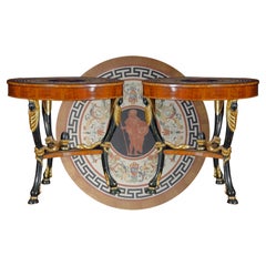 Antique Pair of Tables in Empire Style with Ebonized Inlaid and Gilded "Ram's Foot" Legs