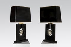 Coppia di lampade da tavolo in resina nera e sfera di pirite di Stan Usel